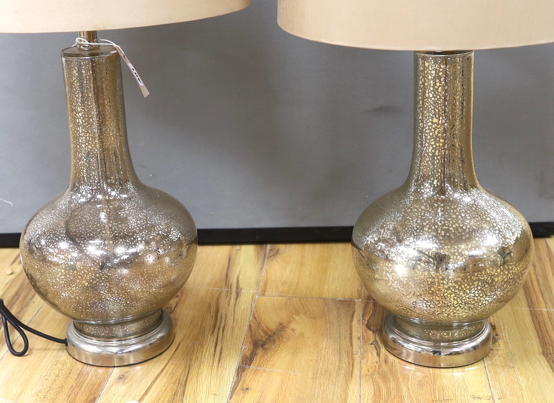 A pair of modern glass lamps and shades, 72cm total height